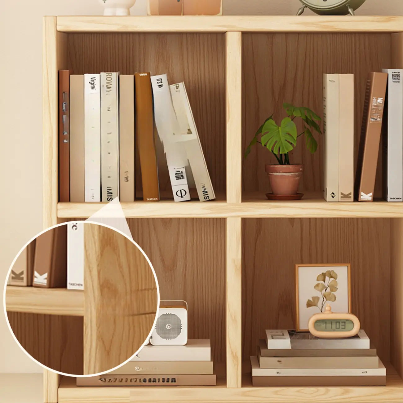 Bibliothèque horizontale moderne en bois à 8 cubes, finition naturelle