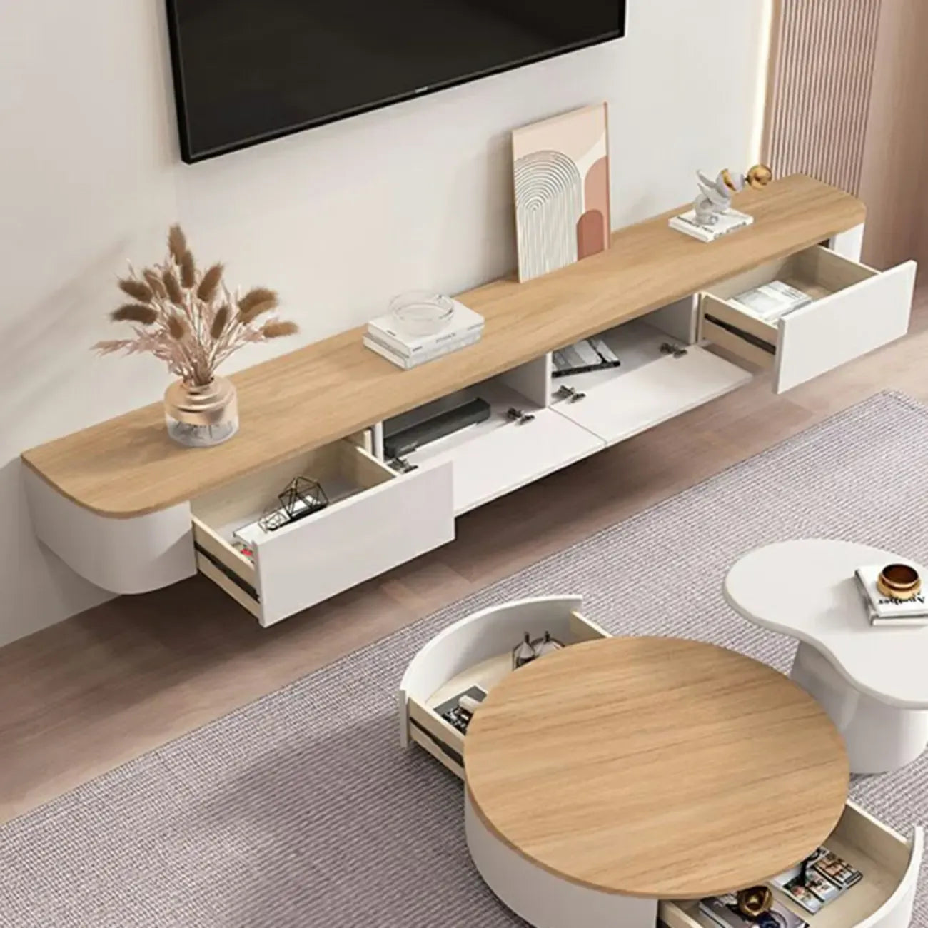 Mobile TV sospeso contemporaneo in legno bianco lungo con cassetti