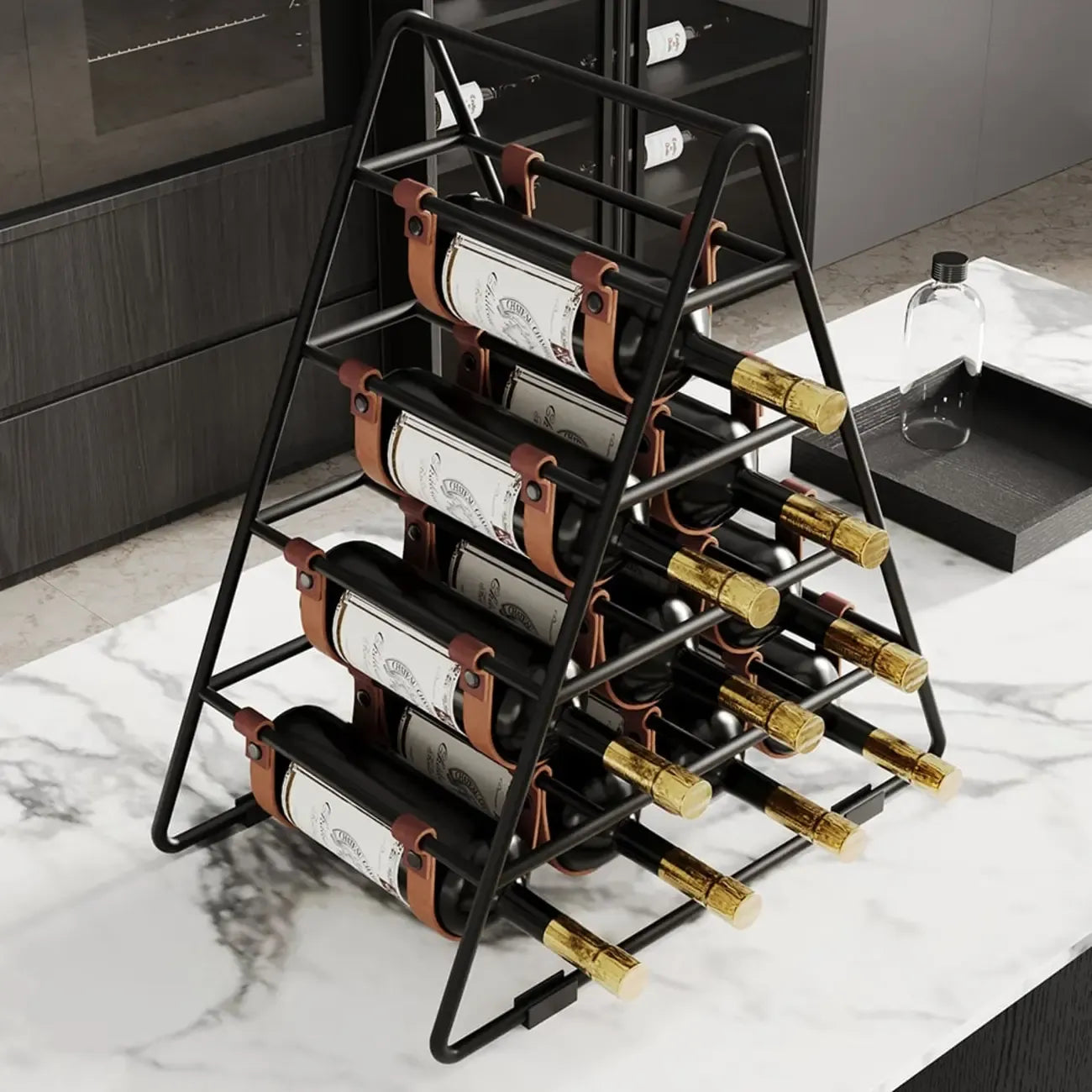 Porte-bouteilles triangulaire industriel en métal noir pour comptoir, 10 bouteilles