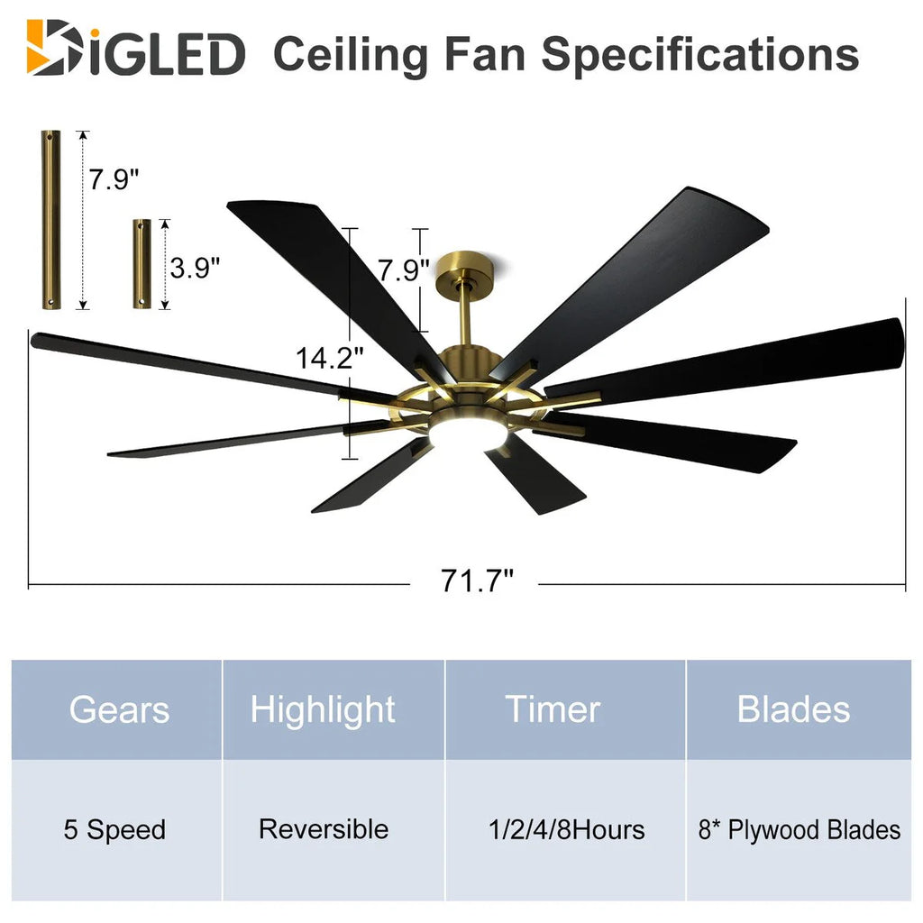 Ventilateur de plafond télécommandé avec lumières, grandes 8 pales en bois