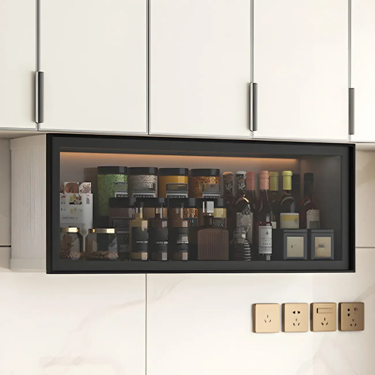 Vitrine de cuisine suspendue en métal gris et verre
