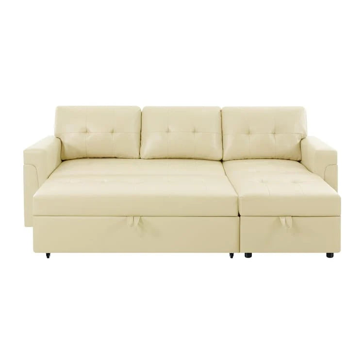 Canapé d'angle convertible et réversible avec lit gigogne, méridienne de rangement dissimulée et pieds robustes.