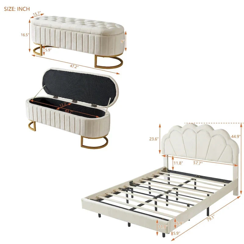 Ensemble de chambre 2 pièces avec lit plateforme LED et pouf de rangement