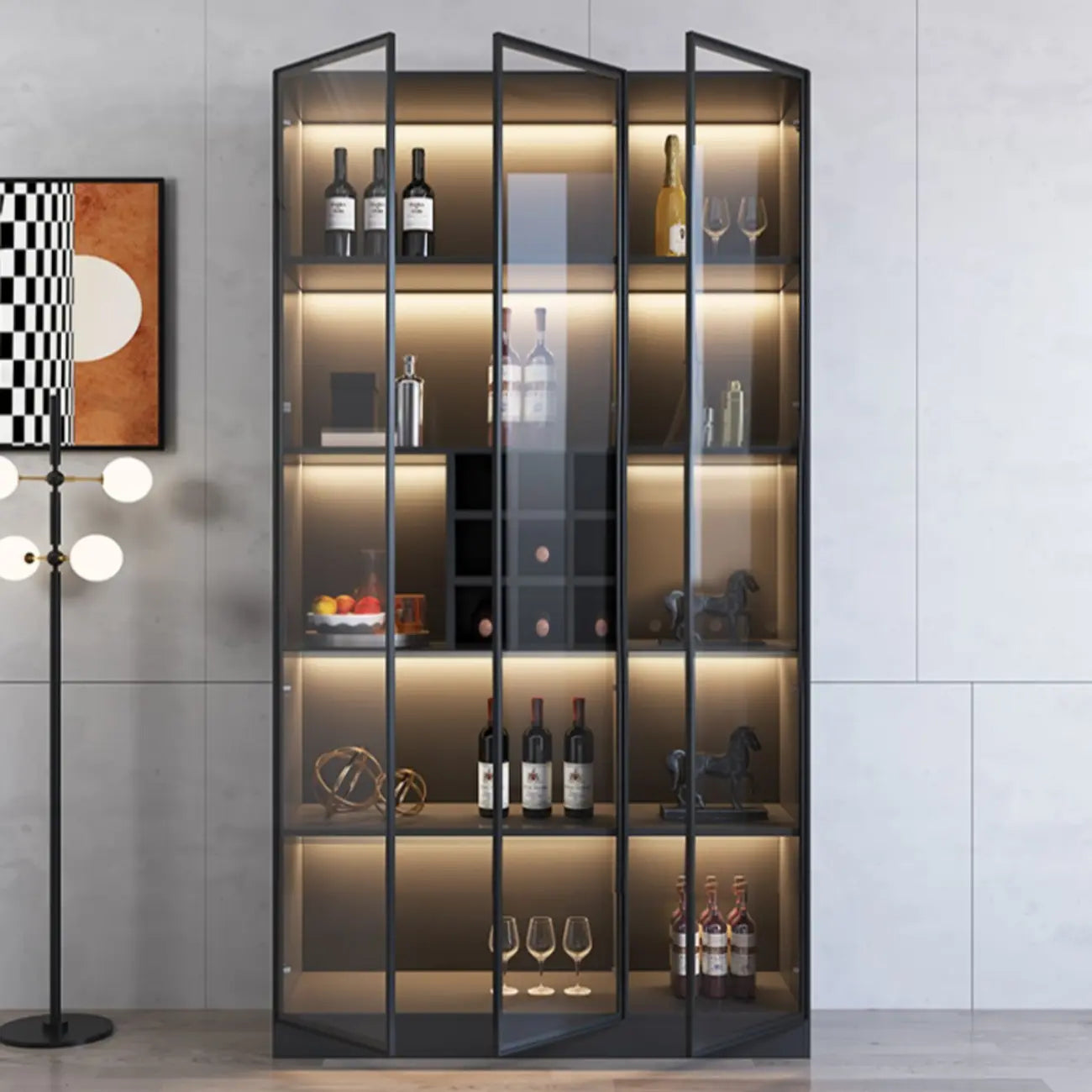Armoire à vin minimaliste en bois noir avec porte vitrée