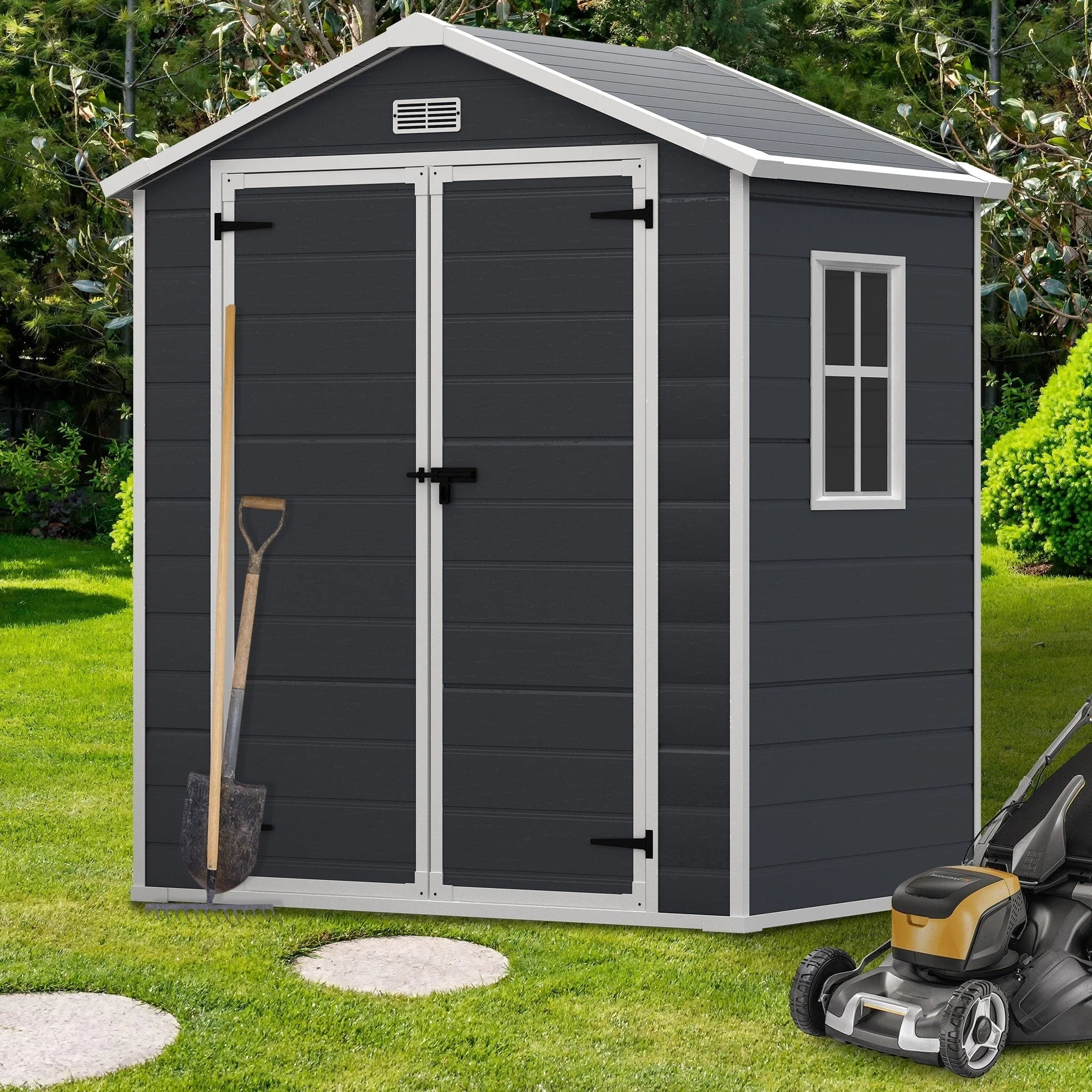 Abri de jardin en résine plastique tout temps avec plancher, dimensions : 1,83 m x 1,22 m / 1,83 m x 2,44 m / 2,44 m x 1,83 m / 2,44 m x 3,05 m.
