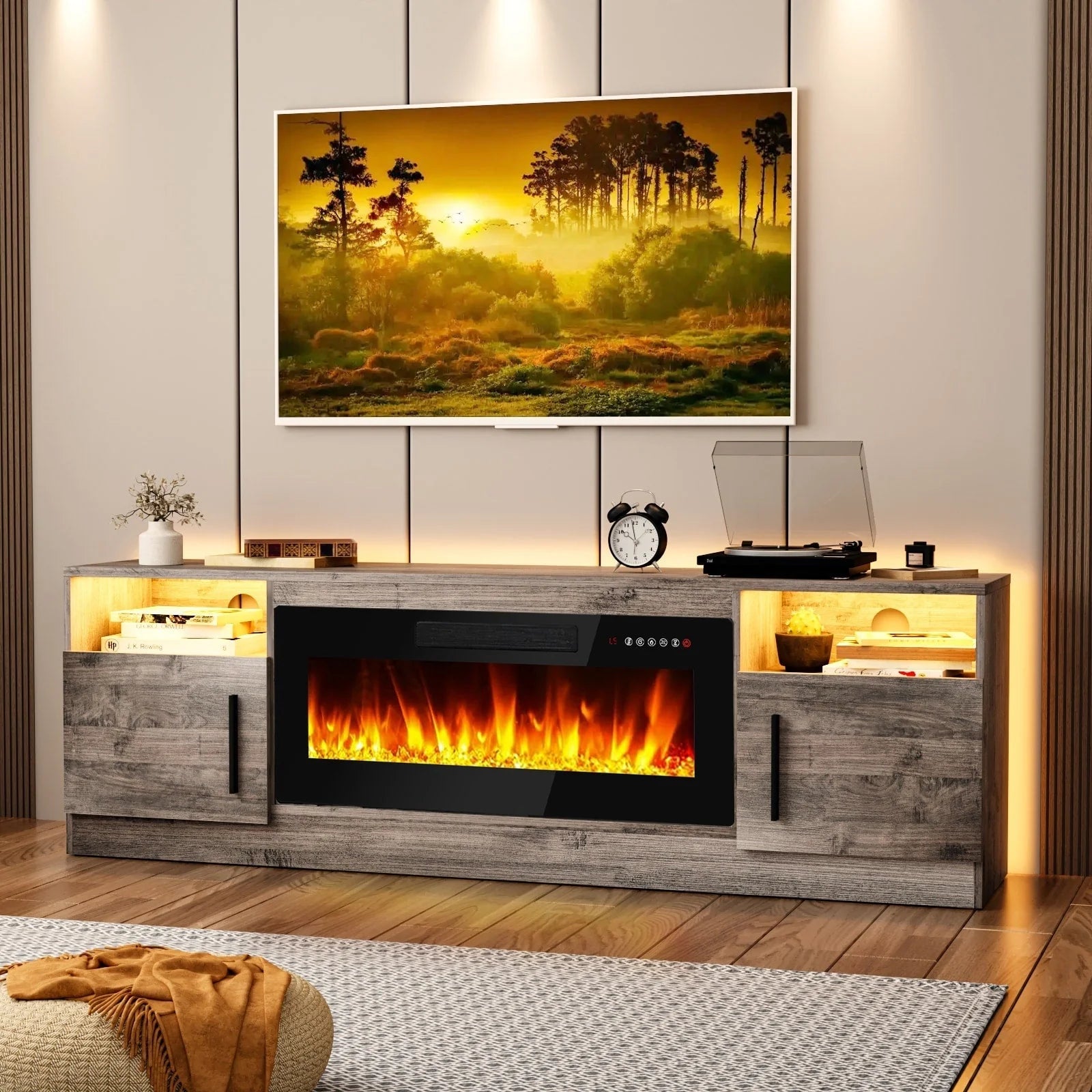 Meuble TV Bossin 70 avec cheminée électrique 36 pouces, compatible avec les téléviseurs jusqu'à 80 pouces, éclairage LED 16 couleurs/centre multimédia