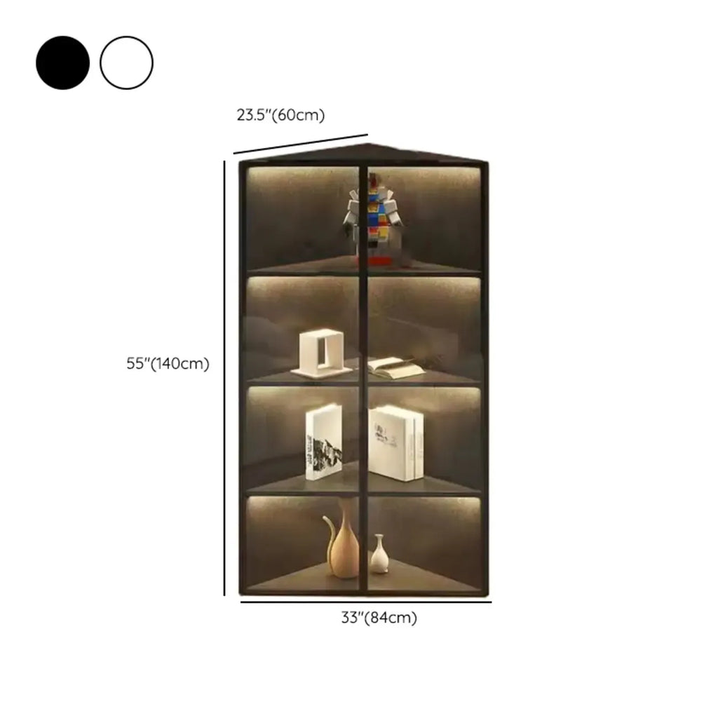 Vitrine d'angle moderne en métal gris et bois avec porte vitrée
