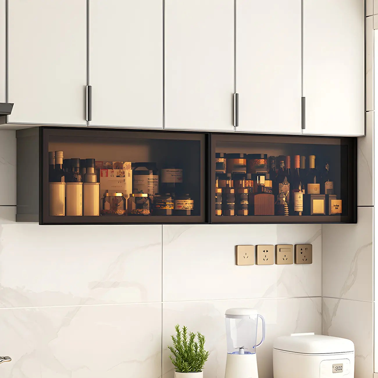 Vitrine de cuisine suspendue en métal gris et verre