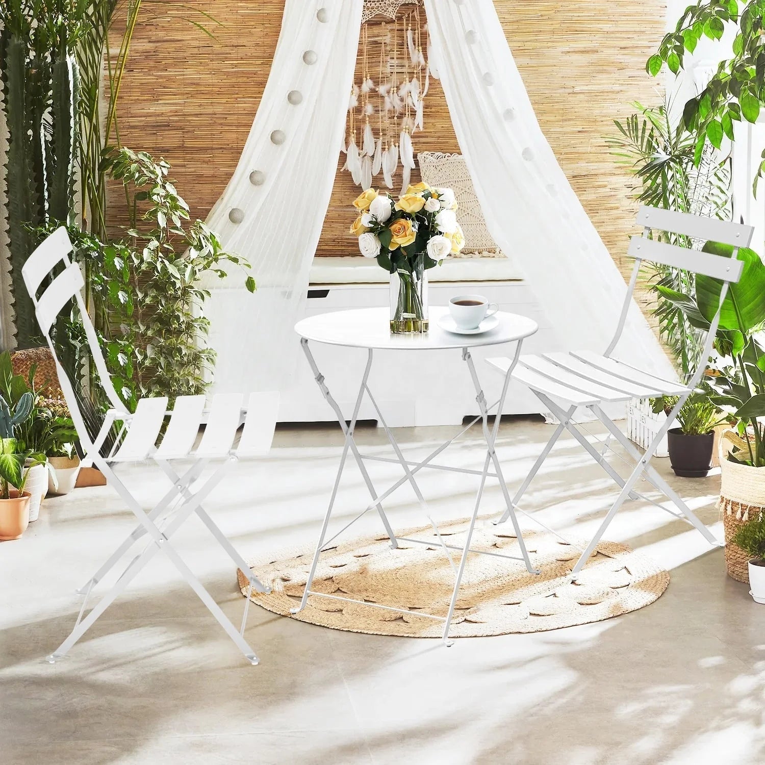 Set bistro pieghevole in metallo da 3 pezzi, set conversazione resistente alle intemperie per esterni/interni, per patio, cortile, giardino