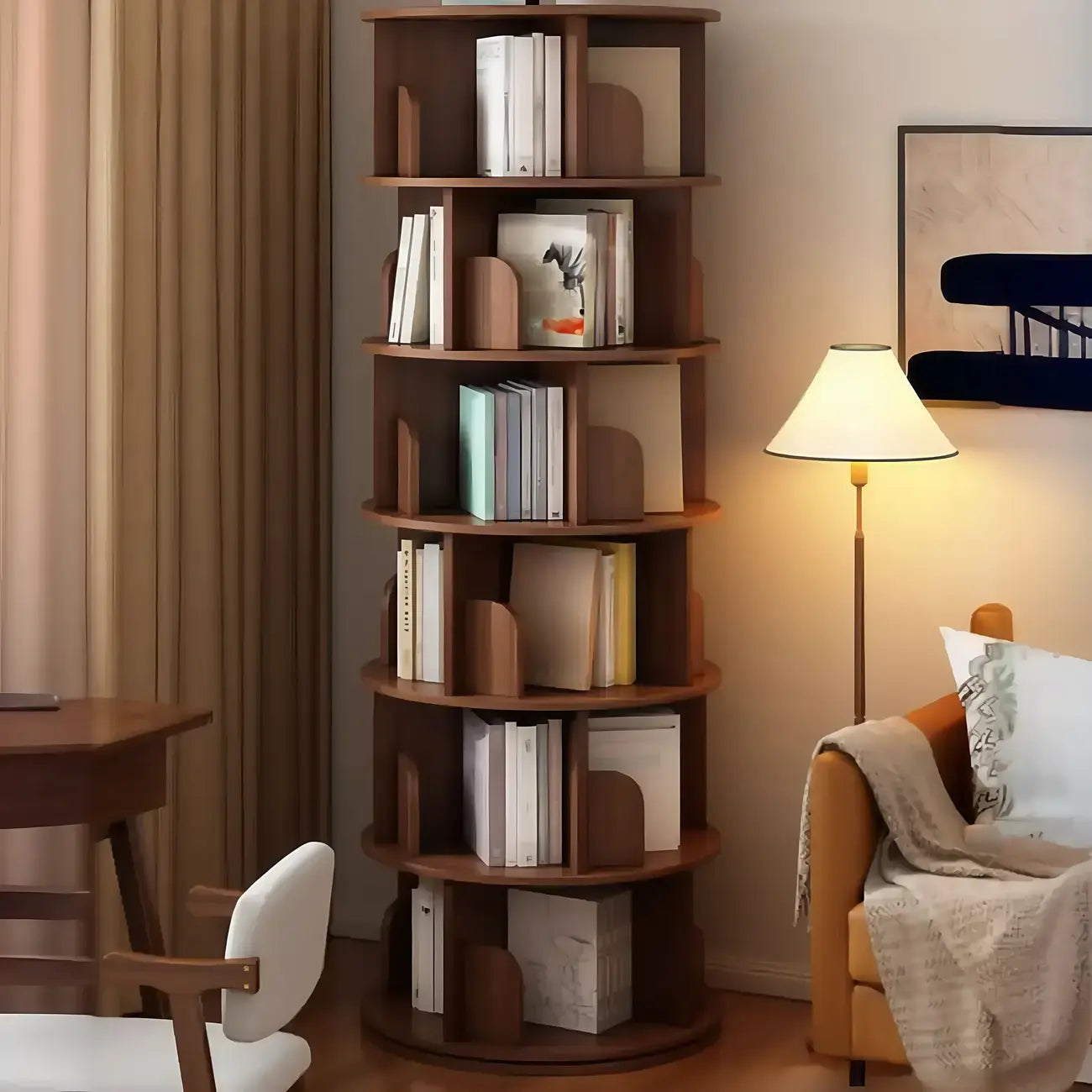 Bibliothèque cylindrique en bois marron à dos ouvert et pivotante
