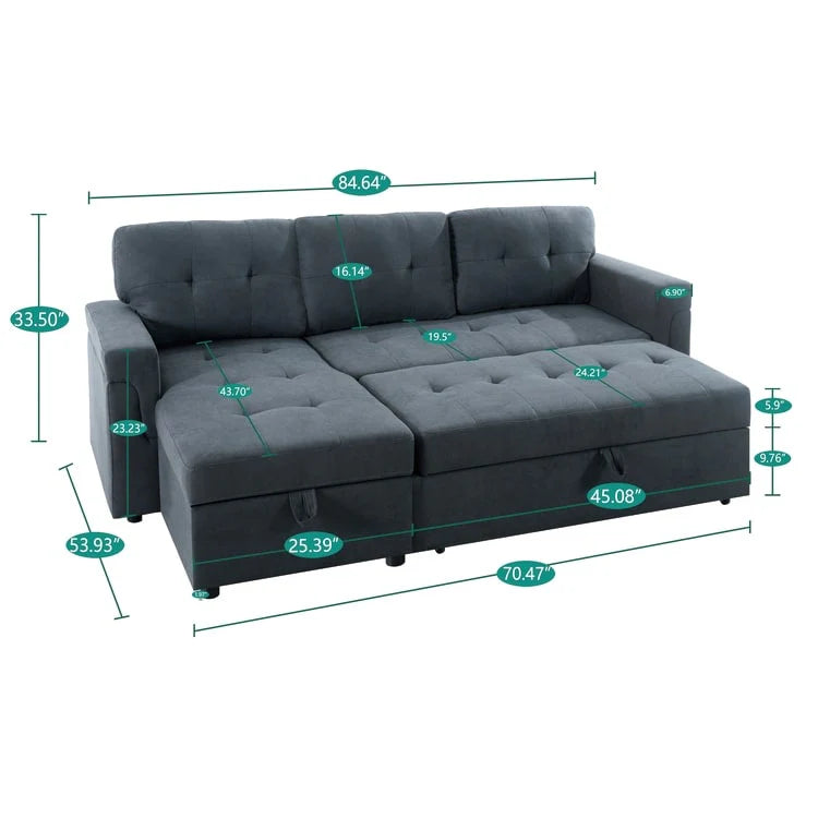 Canapé d'angle convertible et réversible avec lit gigogne, méridienne de rangement dissimulée et pieds robustes.