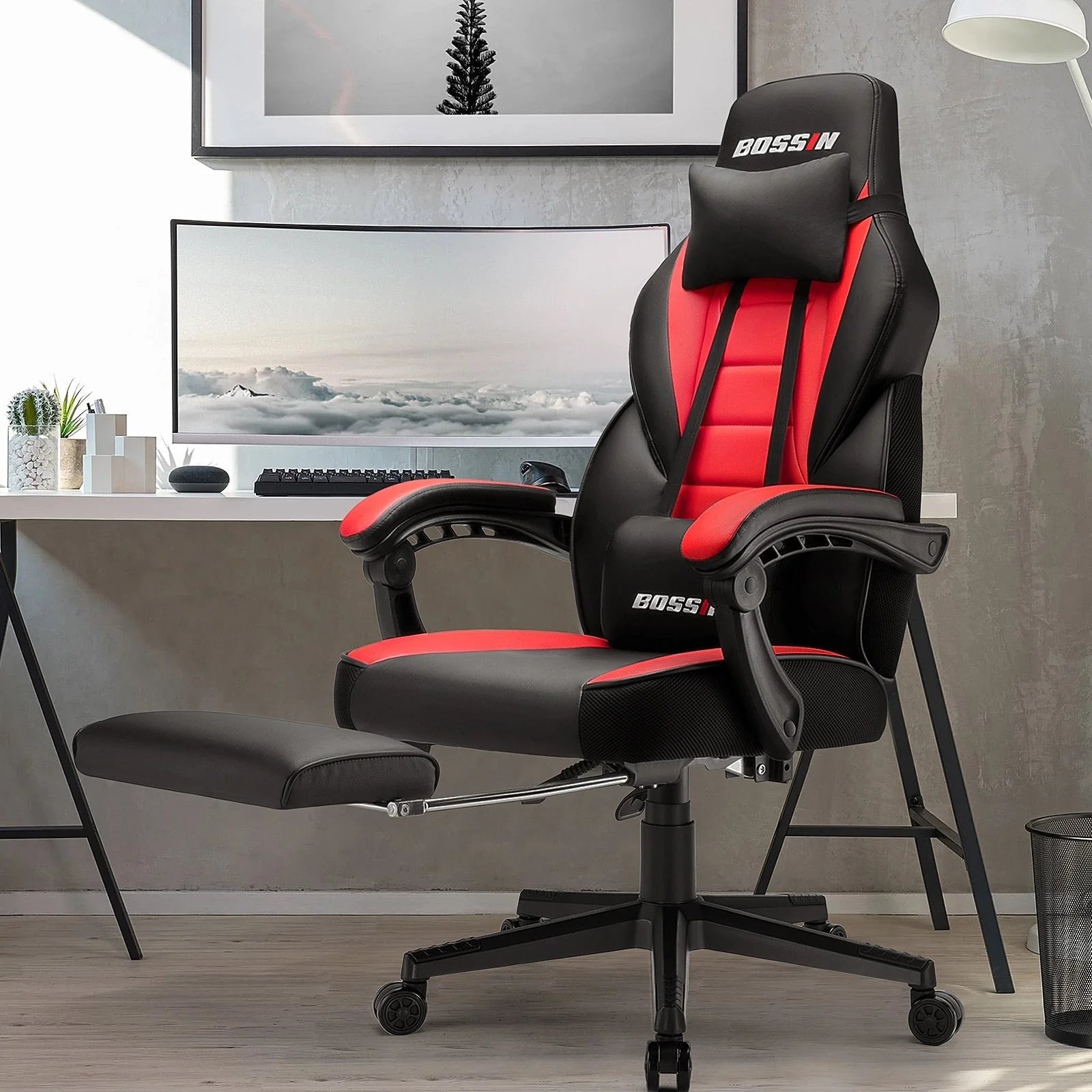 Chaise de jeu BOSSIN style racing, chaise de jeu grande taille supportant jusqu'à 136 kg (300 lbs), dossier haut, chaise d'ordinateur