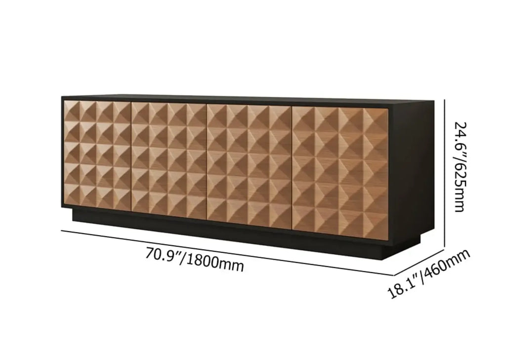 Meuble TV avec portes cannelées en bois noir et naturel pour téléviseur de 75 pouces