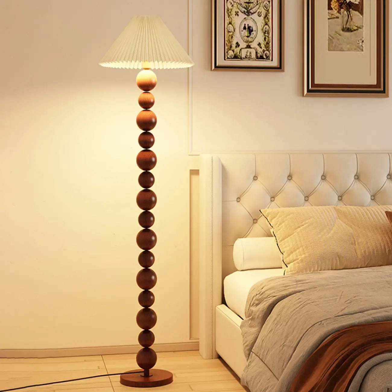 Lampadaire décoratif moderne à boules empilées avec abat-jour en tissu
