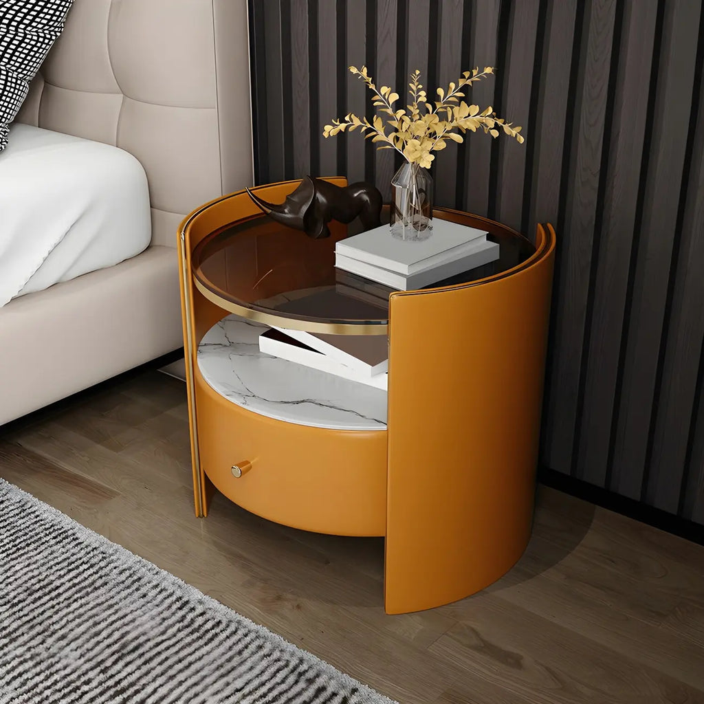 Table de chevet de luxe avec plateau en verre, tiroir de rangement et niche ouverte