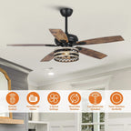 Ventilateur de plafond 5 pales noir à cage, style ferme, avec télécommande