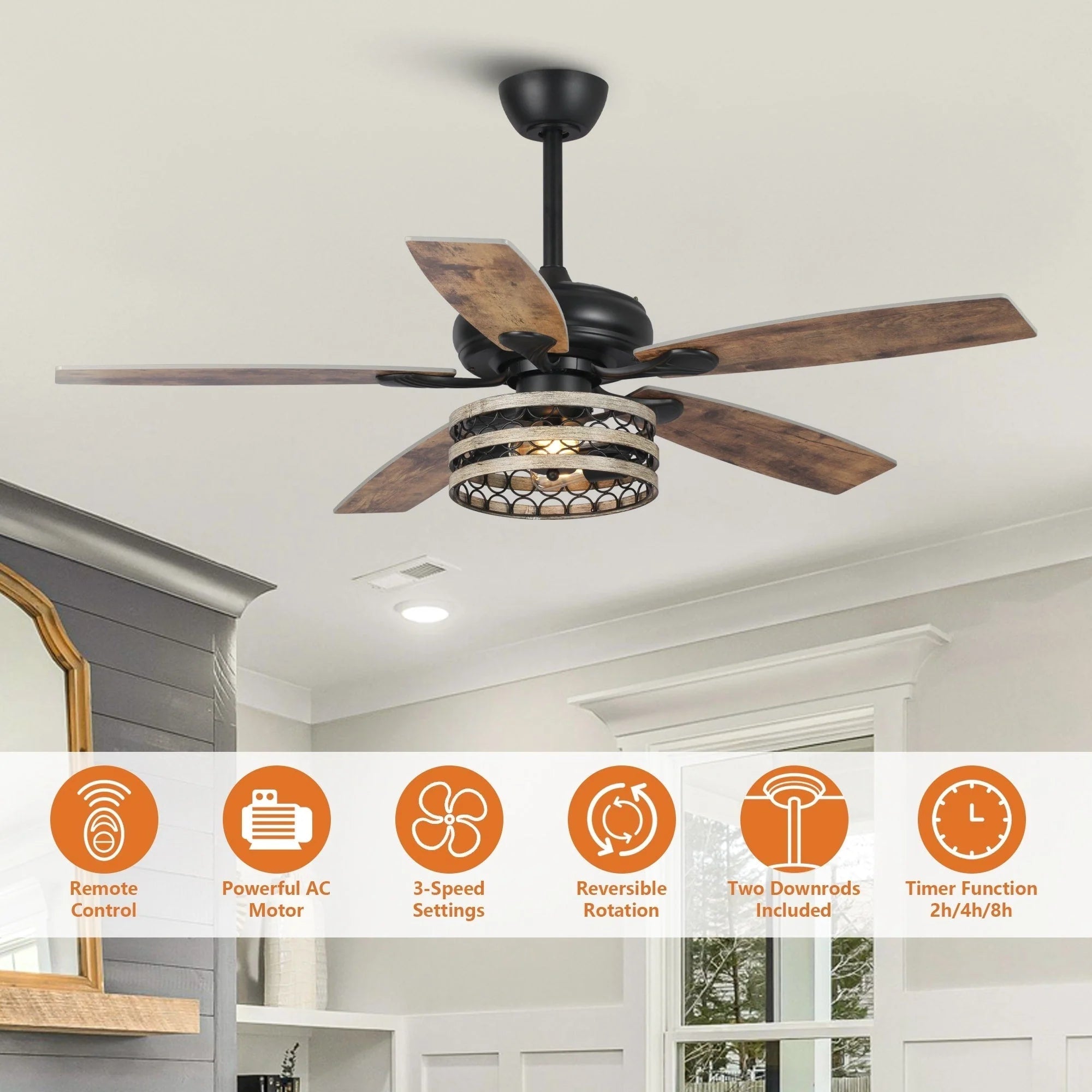 Ventilateur de plafond 5 pales noir à cage, style ferme, avec télécommande