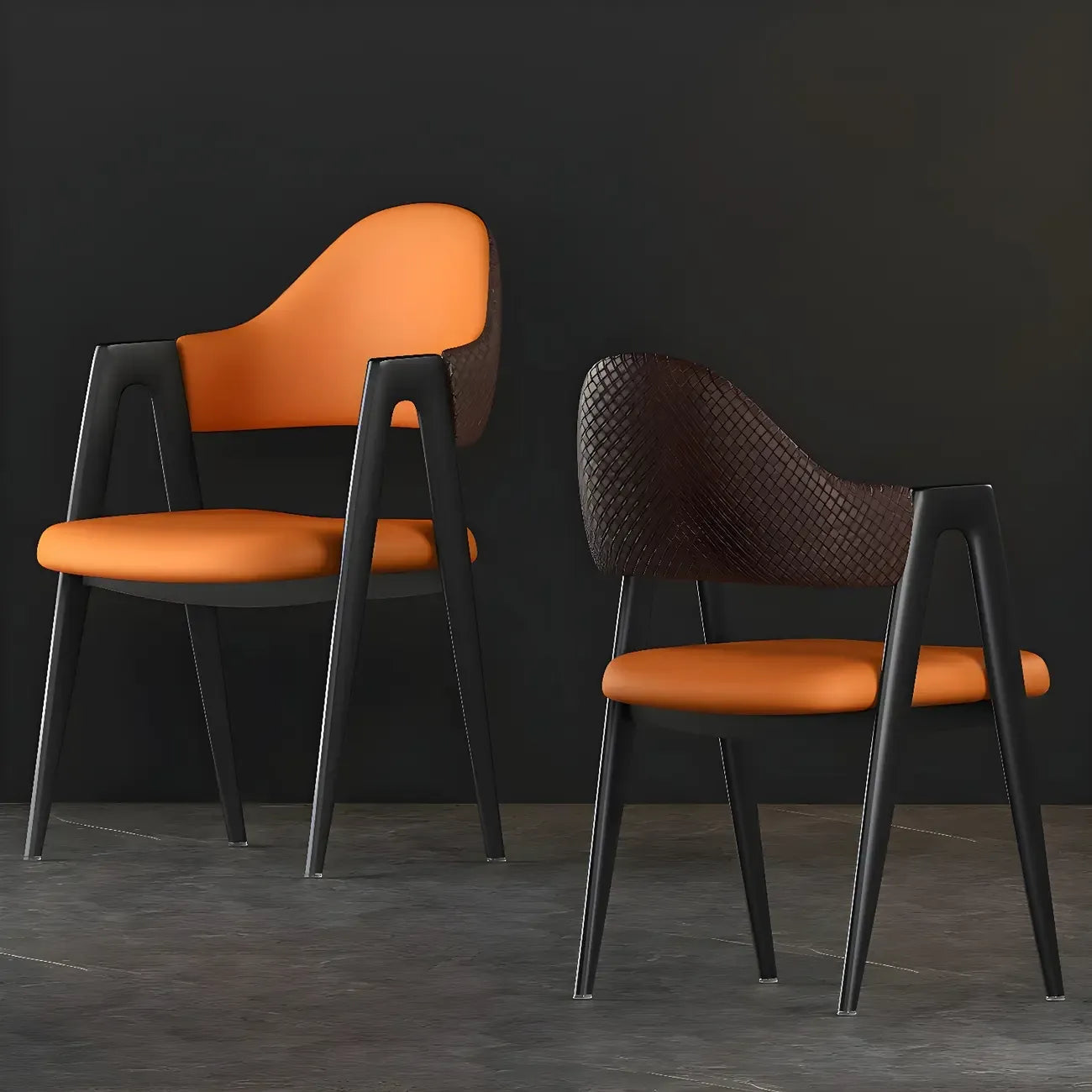 Chaise de salle à manger moderne en cuir avec dossier incurvé et accoudoirs ouverts