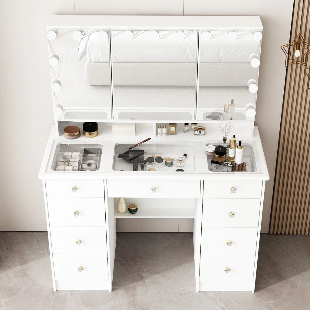 Coiffeuse avec miroir à trois volets, éclairage certifié, plateau en verre