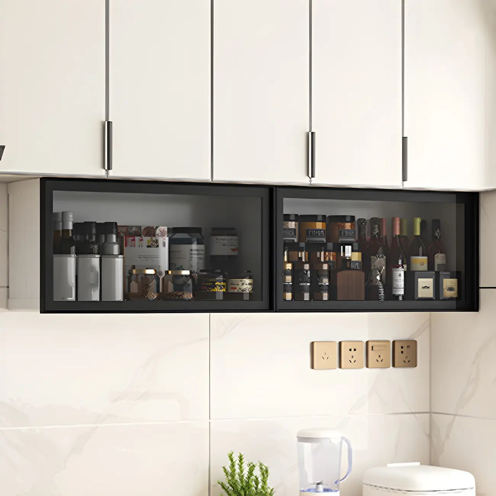 Vitrine de cuisine suspendue en métal gris et verre