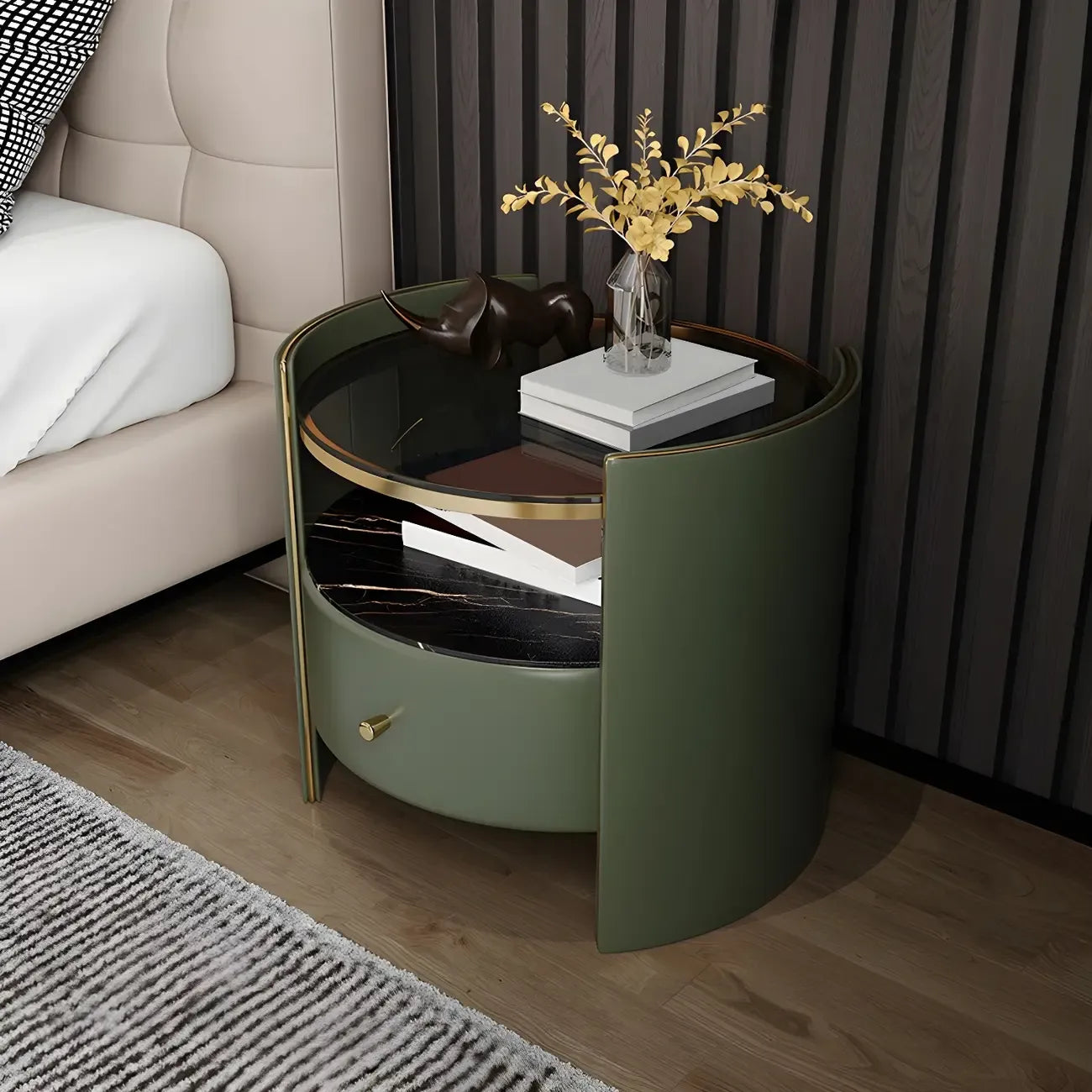 Table de chevet de luxe avec plateau en verre, tiroir de rangement et niche ouverte