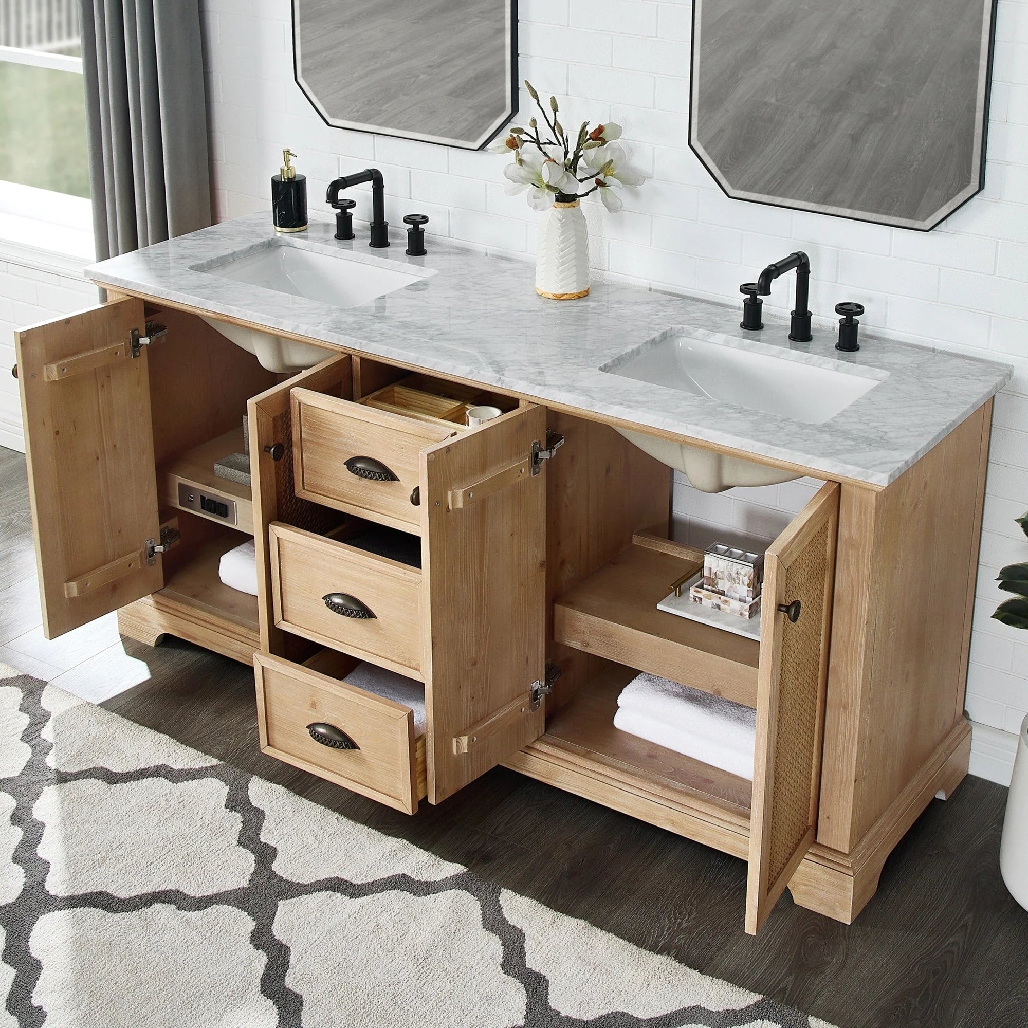 Meuble-lavabo Hervas avec plateau en marbre naturel, sans miroir.
