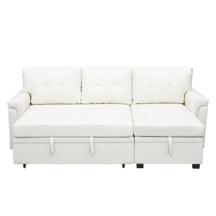 Canapé d'angle convertible et réversible avec lit gigogne, méridienne de rangement dissimulée et pieds robustes.