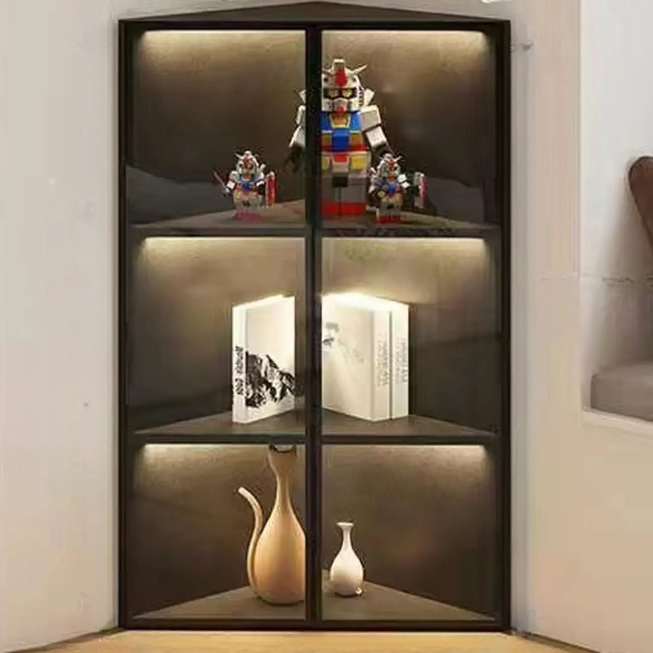 Vitrine d'angle moderne en métal gris et bois avec porte vitrée