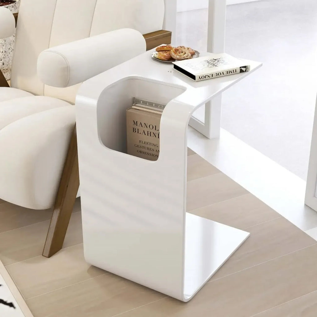 Table d'appoint convertible en forme de C en bois de noyer avec rangement