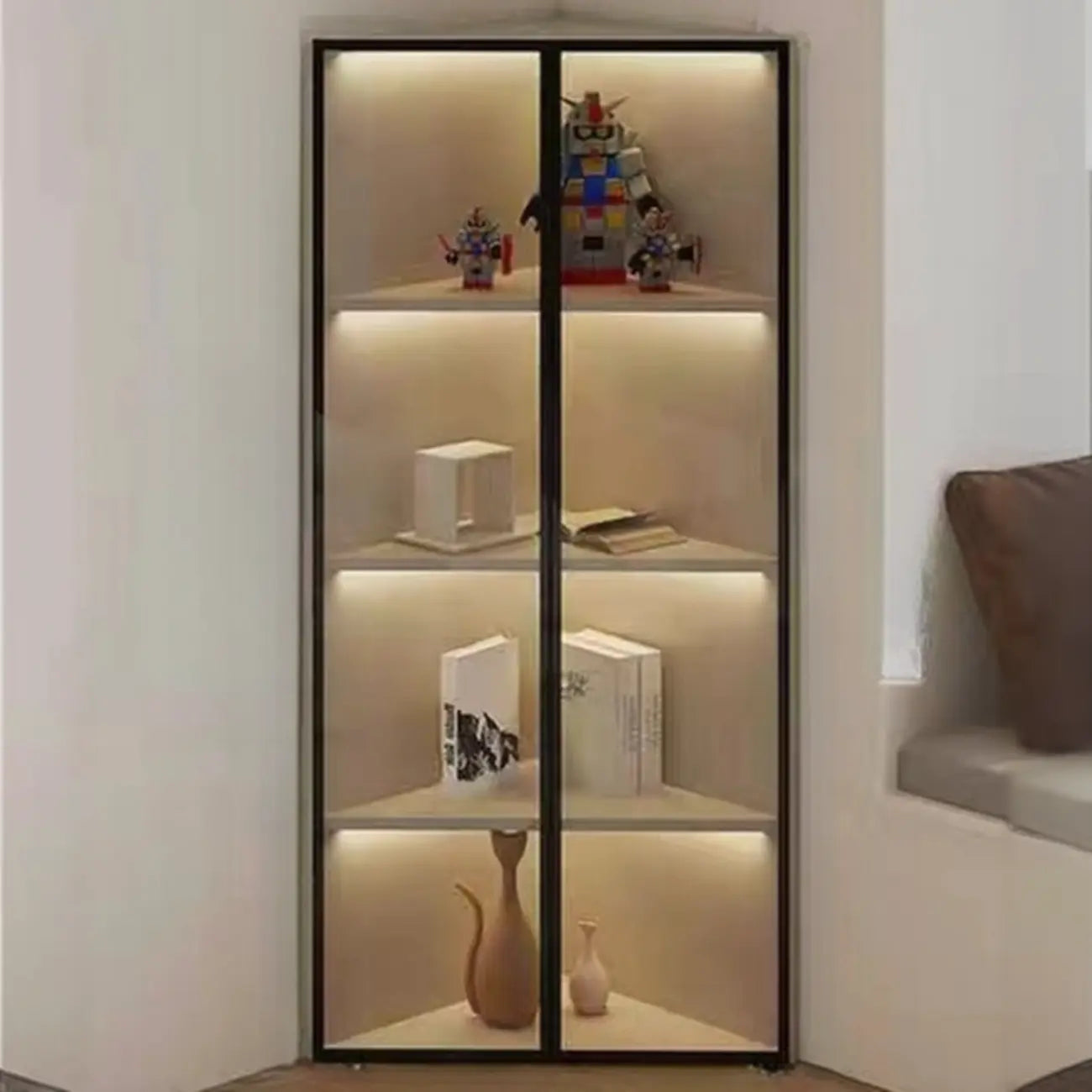 Vitrine d'angle moderne en métal gris et bois avec porte vitrée