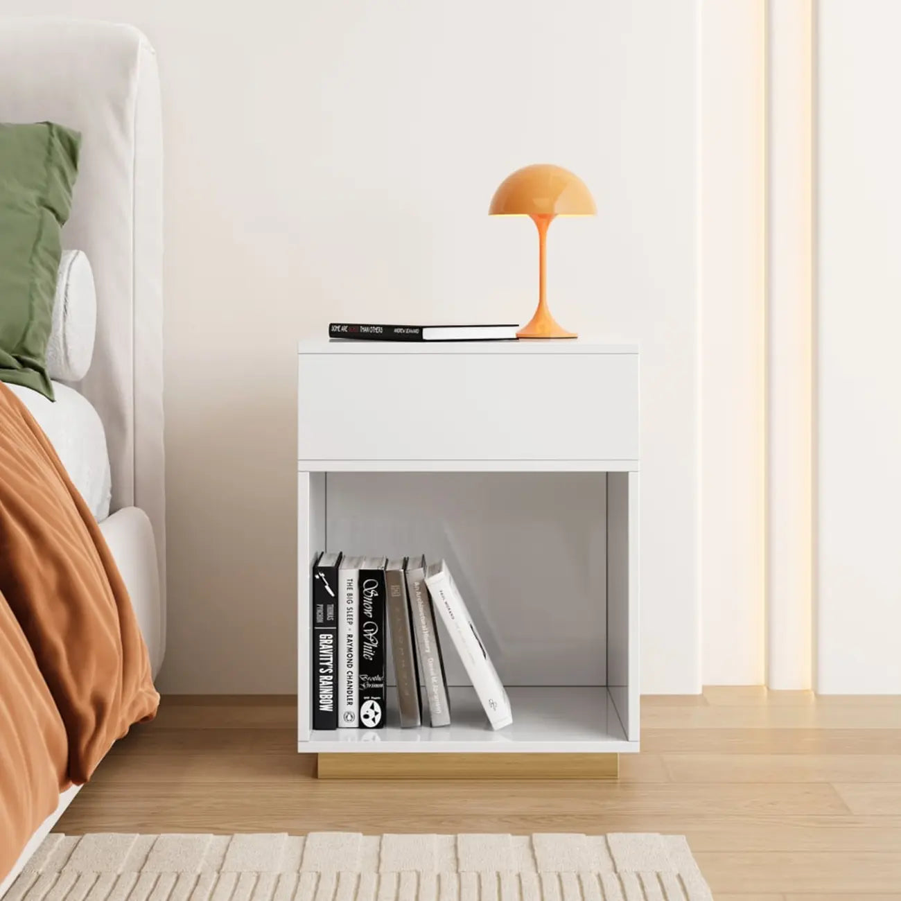 Table d'appoint cubique compacte en bois blanc avec étagère ouverte