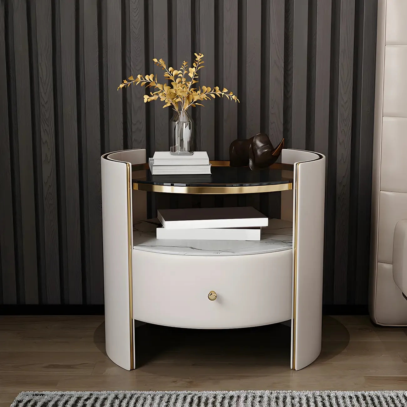 Table de chevet de luxe avec plateau en verre, tiroir de rangement et niche ouverte