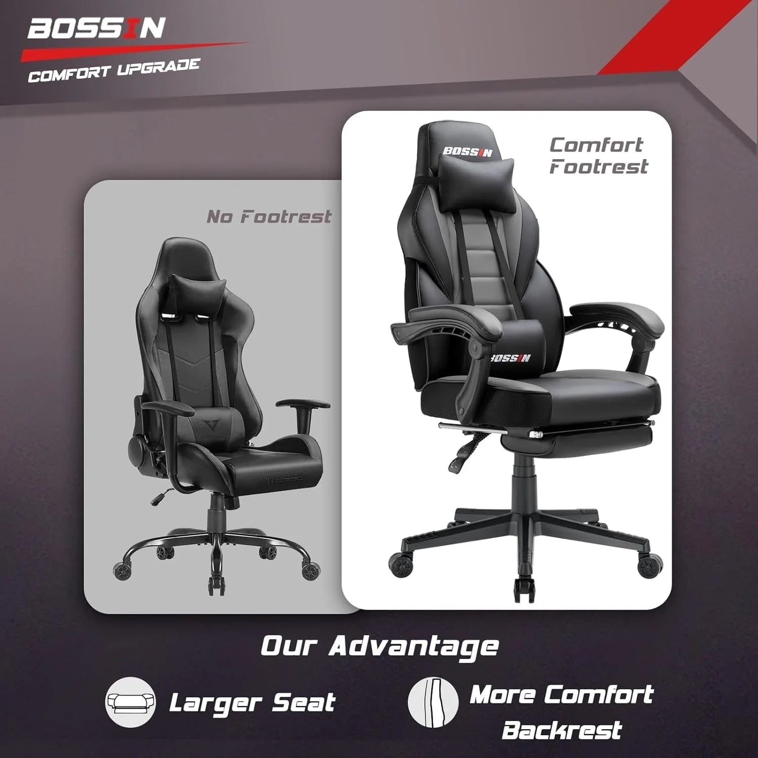 Chaise de jeu BOSSIN style racing, chaise de jeu grande taille supportant jusqu'à 136 kg (300 lbs), dossier haut, chaise d'ordinateur