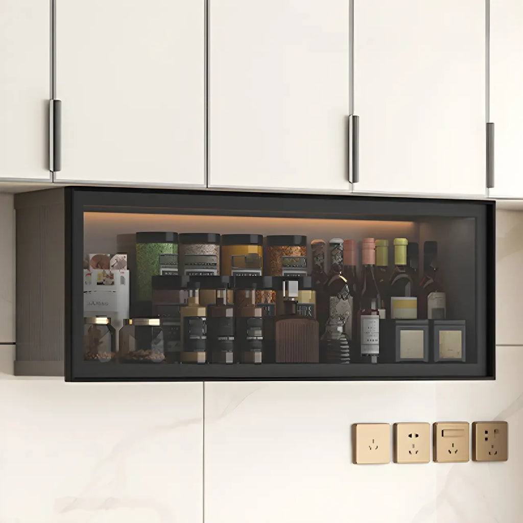 Vitrine de cuisine suspendue en métal gris et verre