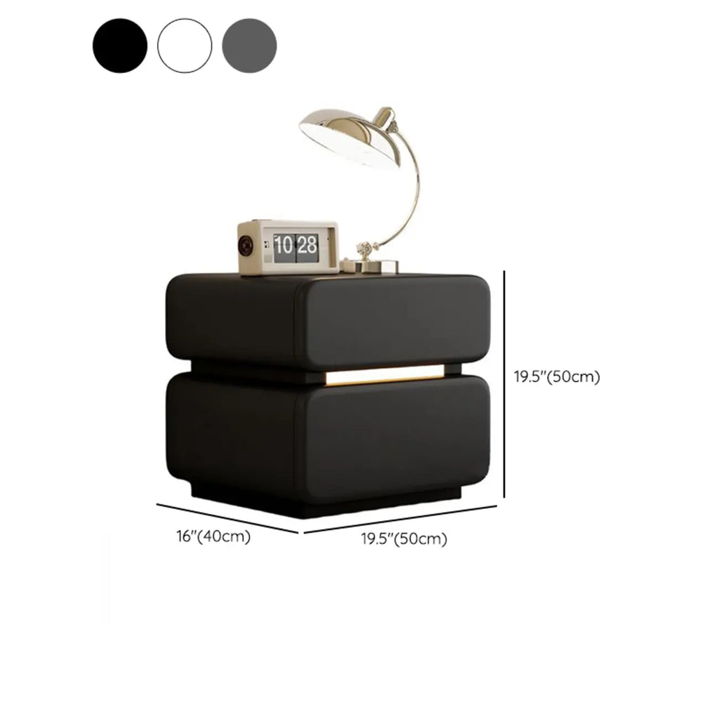 Table de chevet moderne avec plateau en cuir noir et 2 tiroirs