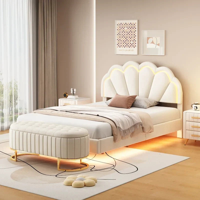 Ensemble de chambre 2 pièces avec lit plateforme LED et pouf de rangement