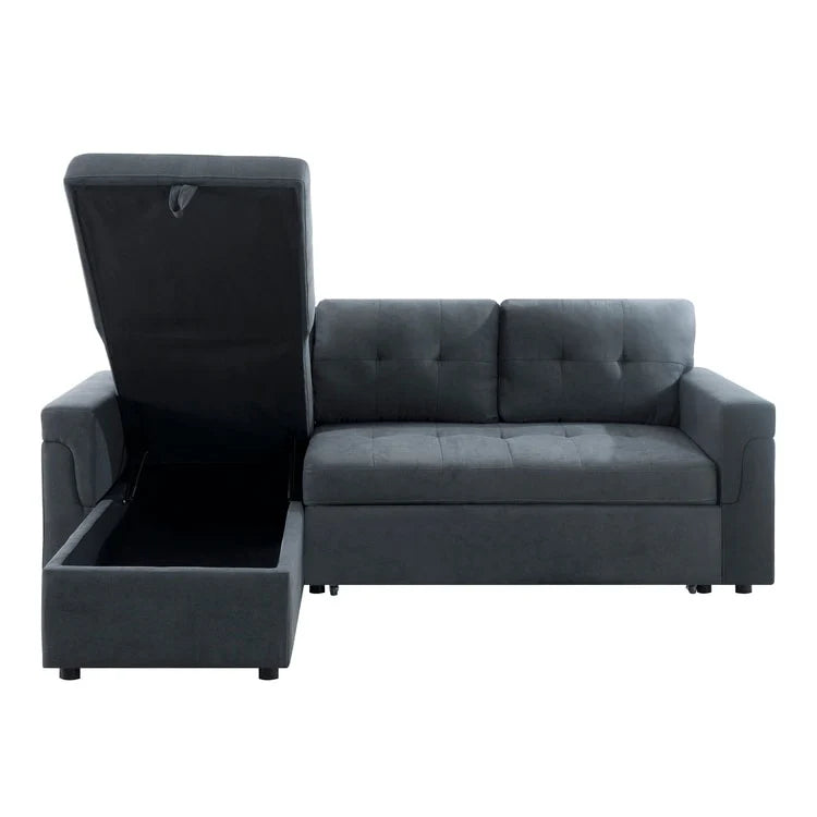 Canapé d'angle convertible et réversible avec lit gigogne, méridienne de rangement dissimulée et pieds robustes.