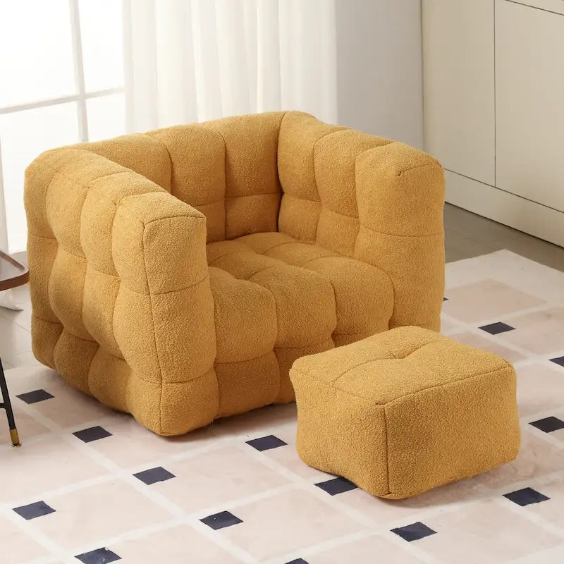 HOMEFUN Poltrona singola moderna trapuntata in Bouclé con pouf