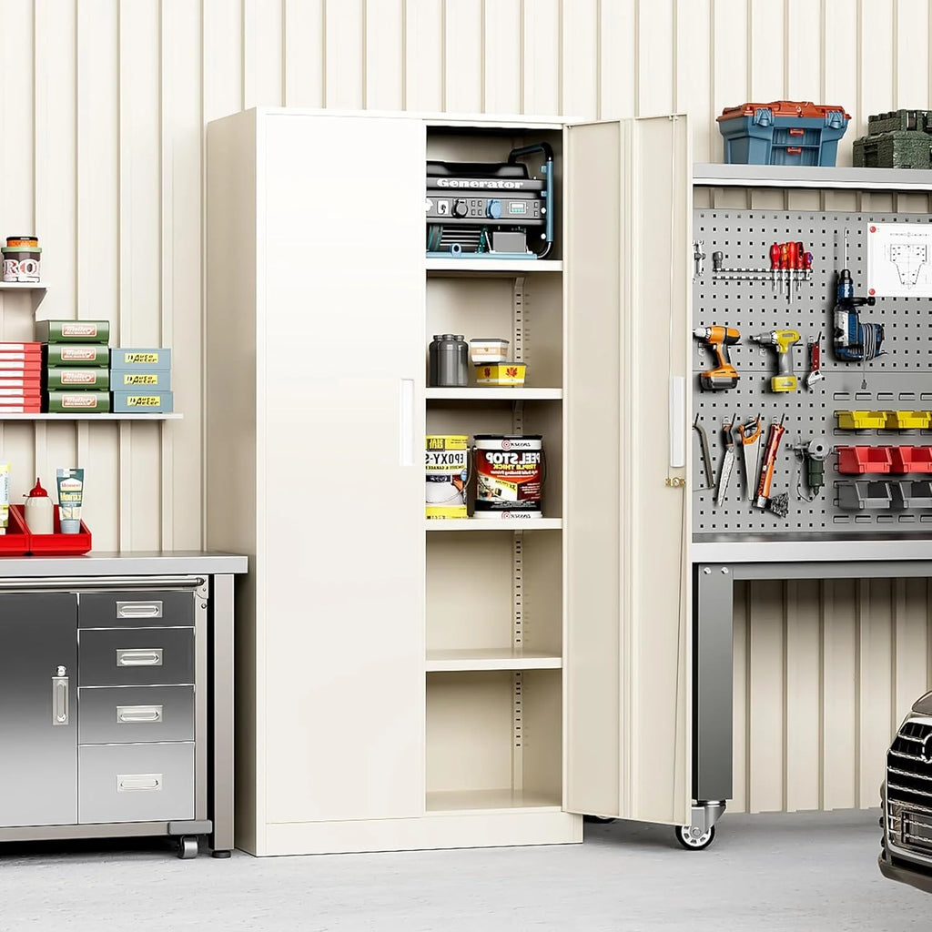 Armoire de rangement de 71 pouces avec étagères réglables pour garage, cuisine, garde-manger ou bureau.