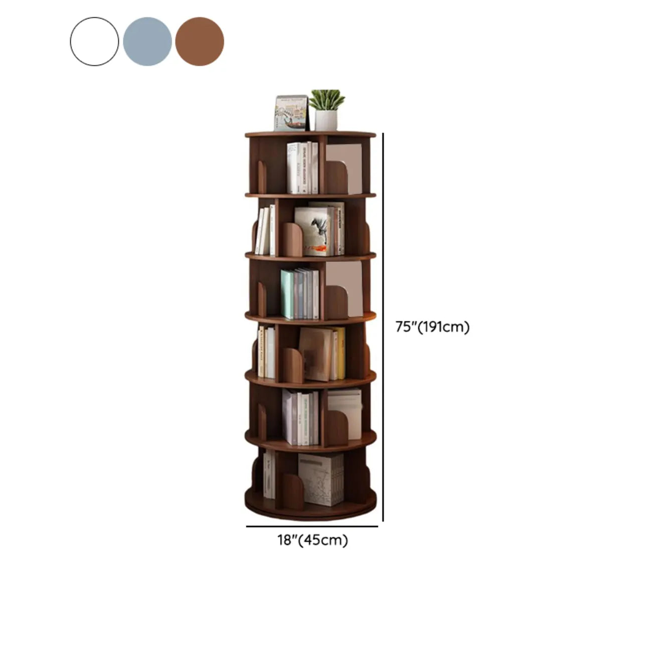 Bibliothèque cylindrique en bois marron à dos ouvert et pivotante