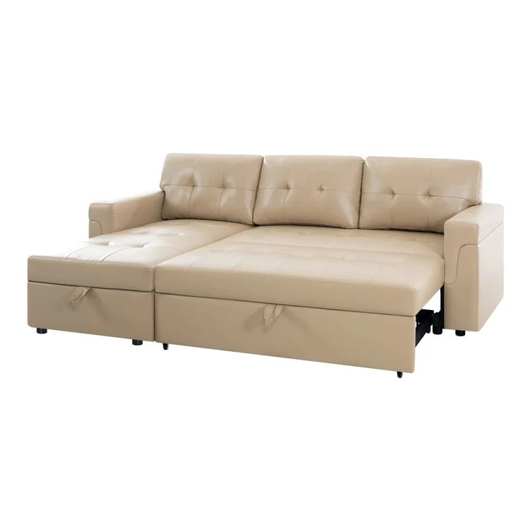 Canapé d'angle convertible et réversible avec lit gigogne, méridienne de rangement dissimulée et pieds robustes.