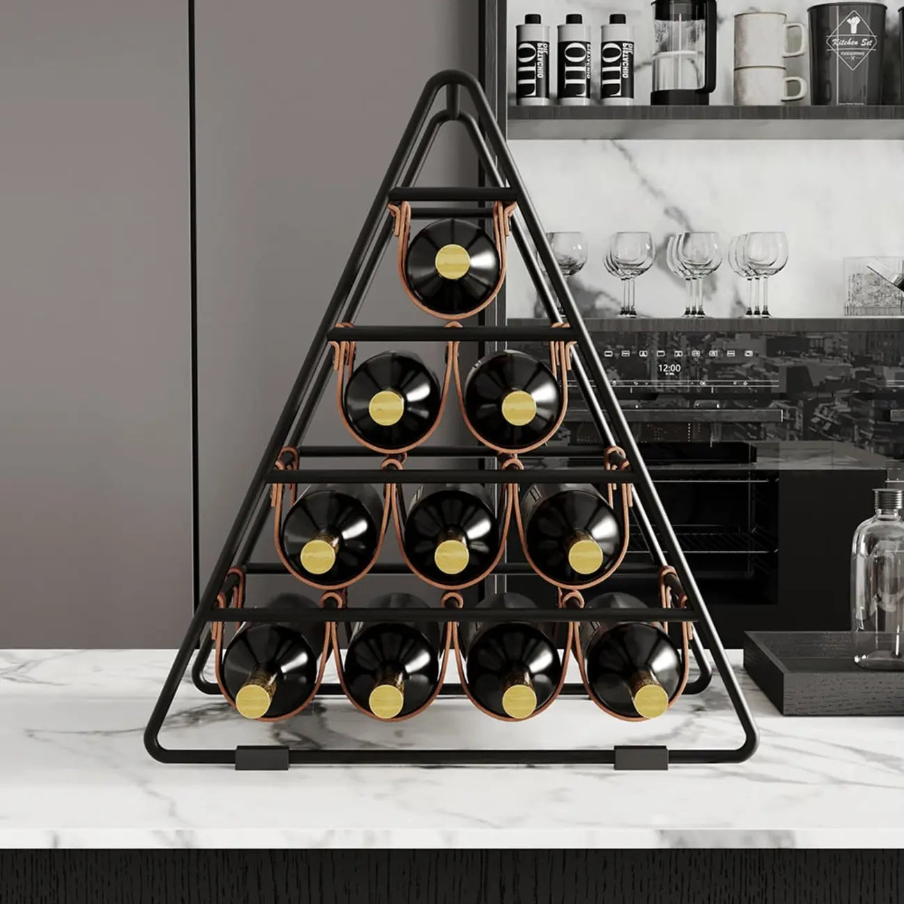 Porte-bouteilles triangulaire industriel en métal noir pour comptoir, 10 bouteilles
