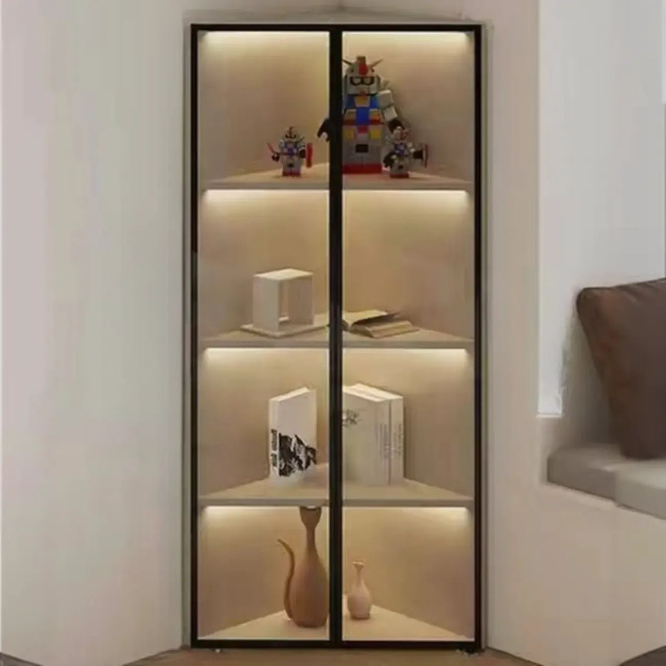 Vitrine d'angle moderne en métal gris et bois avec porte vitrée
