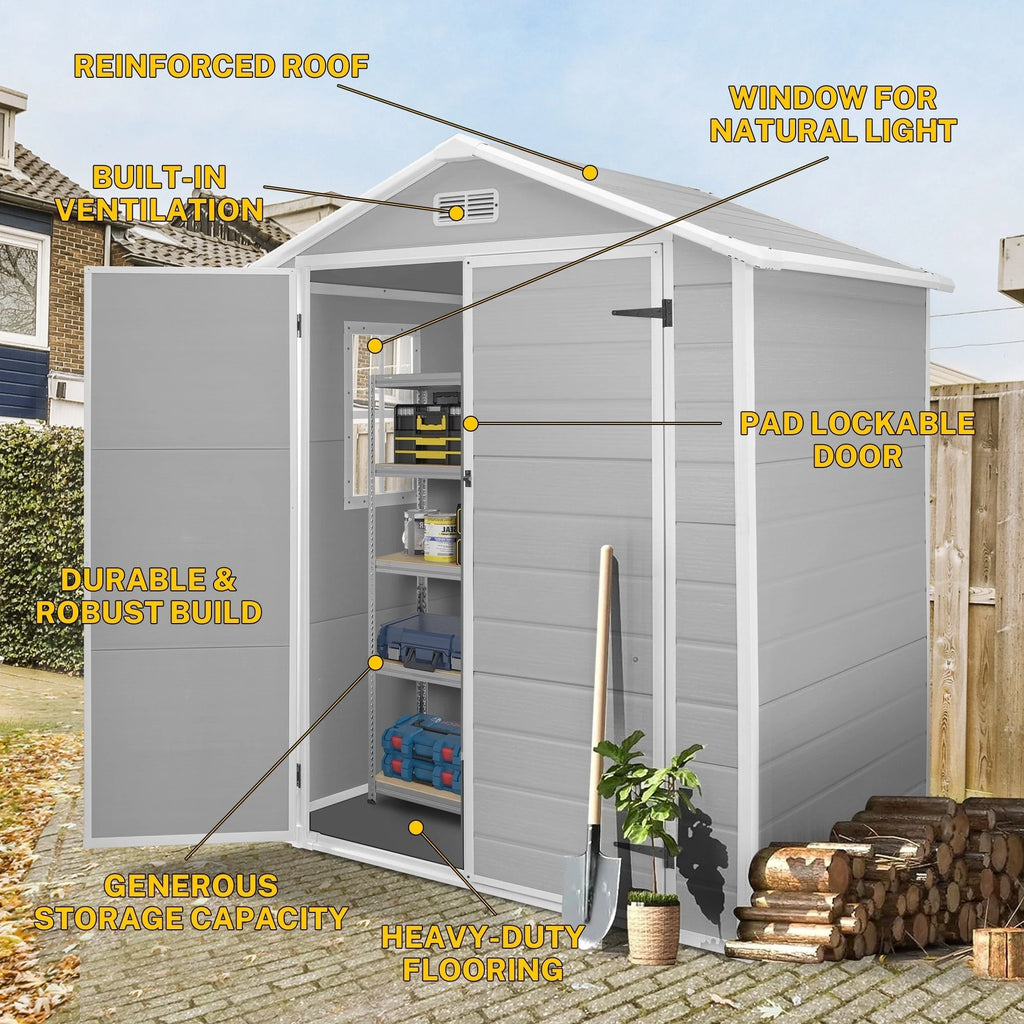 Abri de jardin en résine plastique tout temps avec plancher, dimensions : 1,83 m x 1,22 m / 1,83 m x 2,44 m / 2,44 m x 1,83 m / 2,44 m x 3,05 m.