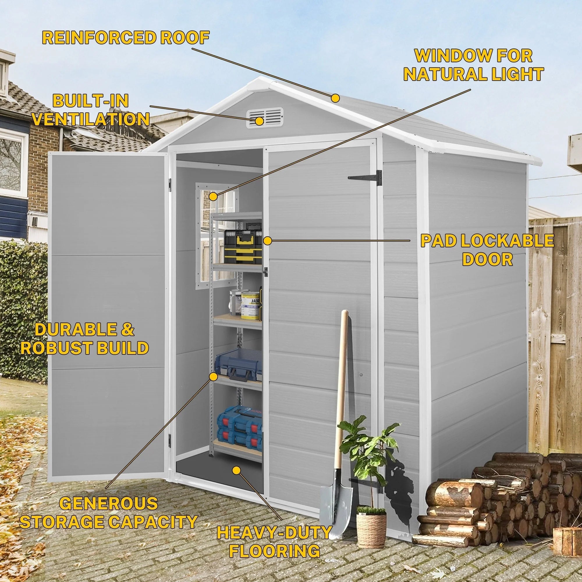 Abri de jardin en résine plastique tout temps avec plancher, dimensions : 1,83 m x 1,22 m / 1,83 m x 2,44 m / 2,44 m x 1,83 m / 2,44 m x 3,05 m.