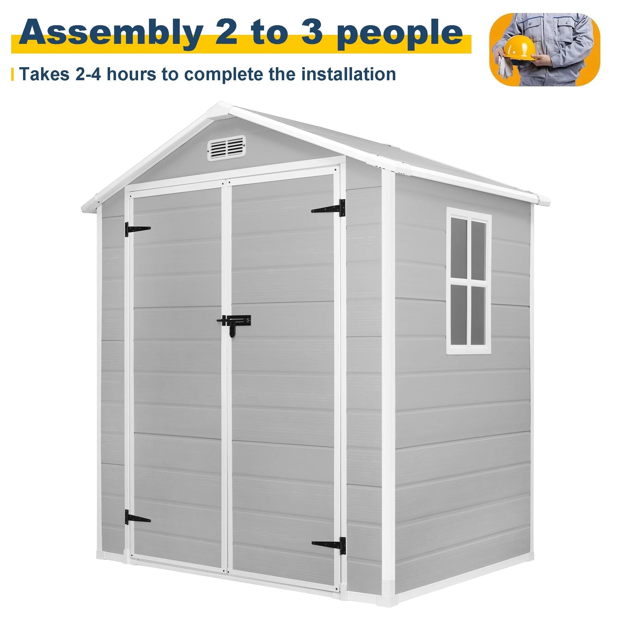 Abri de jardin en résine plastique tout temps avec plancher, dimensions : 1,83 m x 1,22 m / 1,83 m x 2,44 m / 2,44 m x 1,83 m / 2,44 m x 3,05 m.