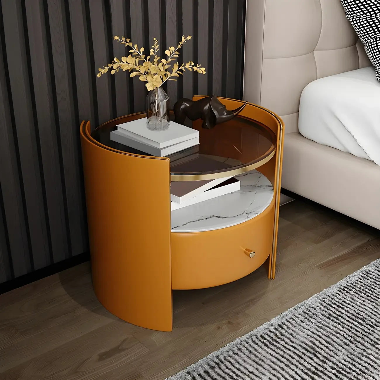 Table de chevet de luxe avec plateau en verre, tiroir de rangement et niche ouverte