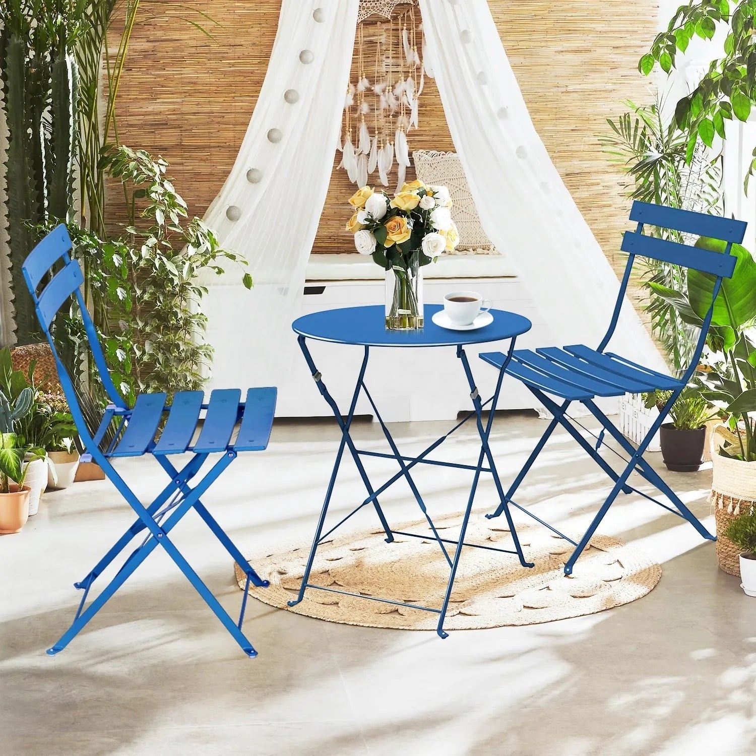 Set bistro pieghevole in metallo da 3 pezzi, set conversazione resistente alle intemperie per esterni/interni, per patio, cortile, giardino