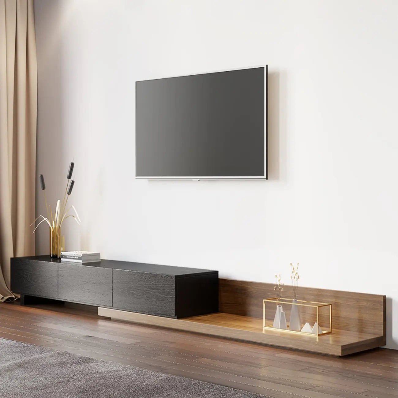 Meuble TV extensible en noyer avec 3 tiroirs