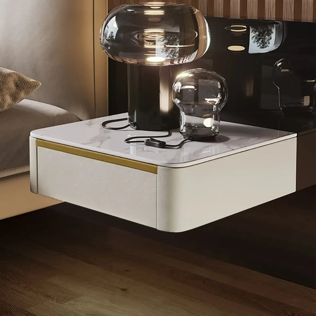 Table de chevet suspendue moderne en bois et pierre avec tiroir